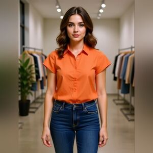 St.Johns Bay Petite XL Boxy Polo Blouse in Orange and Pink